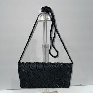 Beaded Evening Clutch Bag Vintage Black Satin with beading Genie Brand